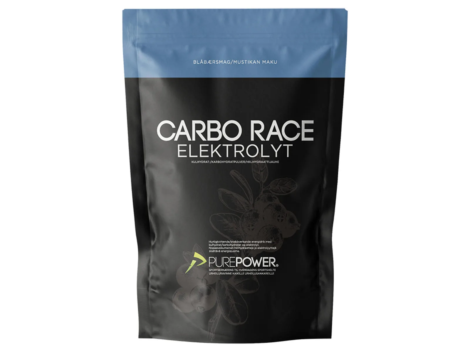 Se PurePower Carbo Race Electrolyte Blueberry (1 kg) hos Cyclesport Silkeborg